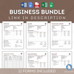 Puede incluir: Un conjunto de 12 formularios comerciales, que incluyen una factura, un presupuesto, una orden de compra, un libro mayor de contabilidad, una estimaci&oacute;n de trabajo y un recibo. Los formularios est&aacute;n dise&ntilde;ados para su uso en un entorno empresarial y est&aacute;n disponibles en una variedad de formatos, incluidos Word, Excel y PDF.