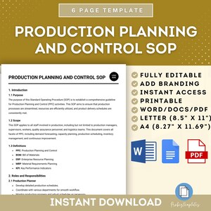 May include: A gold and white template for a production planning and control standard operating procedure (SOP). The template is fully editable, printable, and available in Word, PDF, Letter, and A4 sizes. The text on the template reads "Production Planning and Control SOP".