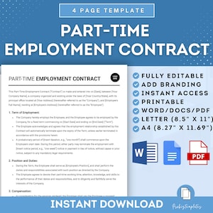 Op de afbeelding: Een digitaal downloadbare sjabloon voor een parttime arbeidsovereenkomst in blauw en wit. De sjabloon is volledig bewerkbaar, afdrukbaar en beschikbaar in Word, PDF en Letter formaten. De tekst op de sjabloon luidt "Parttime arbeidsovereenkomst".