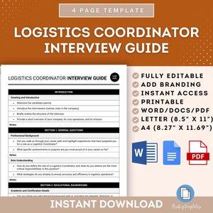 Könnte beinhalten: Ein druckbarer Interviewleitfaden für eine Position als Logistikkoordinator. Der Leitfaden enthält Abschnitte für Begrüßung und Einleitung, beruflichen Hintergrund, Aufgabenverständnis und Ausbildung. Der Leitfaden ist in den Formaten Word, PDF, Letter (8,5" x 11") und A4 (8,27" x 11,69") verfügbar.