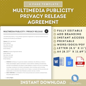 Multimedia Publicity Privacy Release Agreement, Media Privacy Release Form, Publicity Release Agreement Template, Multimedia Privacy Consent