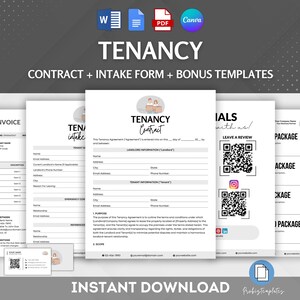 Könnte beinhalten: Ein Satz druckbarer Mietvertragsformulare, einschließlich eines Vertrags, eines Aufnahmeformulars und Bonusvorlagen. Die Formulare sind in einem minimalistischen Stil mit einem Grau- und Weißfarbschema gestaltet. Der Text "TENANCY" wird in einer großen Schriftart oben auf der Seite angezeigt.