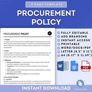Könnte beinhalten: Eine druckbare Beschaffungsrichtlinienvorlage in Blau und Weiß mit einer Checkliste der Funktionen, darunter vollständig editierbar, Branding hinzufügen, sofortiger Zugriff, druckbar, Word/Docs/PDF, Brief (8,5" x 11") und A4 (8,27" x 11,69").
