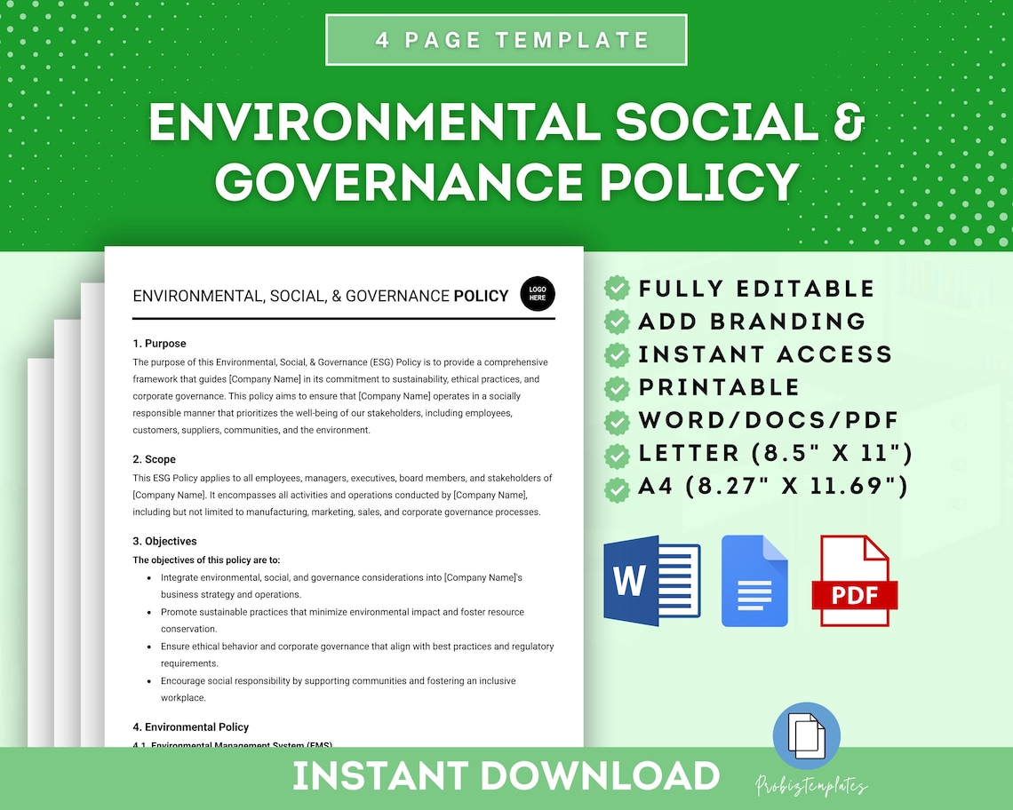 Environmental Social and Governance Policy Template, ESG Responsibility ...