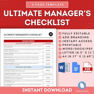 Pode incluir: Uma lista de verificação para gerentes com um esquema de cores vermelho, branco e azul. A lista de verificação é dividida em duas seções: Preparação e planejamento e Desenvolvimento profissional. A lista de verificação inclui tarefas como definir objetivos, alocar recursos, desenvolver estratégias e aprendizado contínuo. A lista de verificação está disponível em tamanho Word, PDF e Carta. O texto "INSTANT DOWNLOAD" está na parte inferior da lista de verificação.