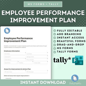 May include: A green and white digital download template for an employee performance improvement plan. The template is fully editable, includes branding options, and is compatible with Microsoft Forms and Tally.