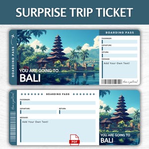 Printable Bali Surprise Gift Ticket, Editable Indonesia Vacation Boarding Pass, Printable Bali Adventure Ticket, Bali Trip Gift Ticket
