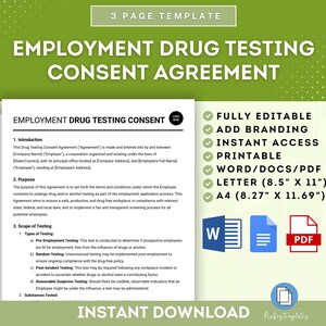 以下が含まれることがあります： 緑と白の印刷可能な雇用薬物検査同意書テンプレート。テンプレートは完全に編集可能で、ブランディングオプションが含まれています。ドキュメントはWord、PDF、レターサイズで入手できます。テンプレートのテキストは「雇用薬物検査同意書」です。