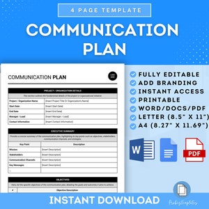 May include: A communication plan template with a blue and white color scheme. The template is fully editable and printable in Word, PDF, and Letter size. The template includes sections for project details, executive summary, objectives, and key messages.