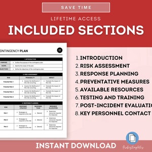 Op de afbeelding: Een printbare sjabloon voor een noodplan met een roze achtergrond. De sjabloon bevat secties voor introductie, risicobeoordeling, responsplanning, preventieve maatregelen, beschikbare middelen, testen en training, evaluatie na incidenten en contactgegevens van belangrijke personen.