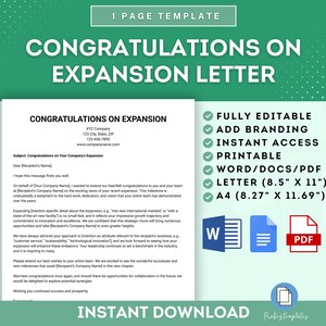 Plantilla de carta de felicitación por la expansión, felicitaciones por el crecimiento empresarial, reconocimiento por la expansión de la empresa, logro del éxito de la expansión