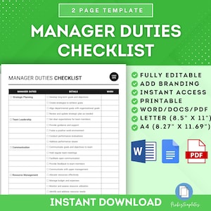 Può includere: Un elenco di controllo per i compiti del manager con sezioni per la pianificazione strategica, la leadership del team, la comunicazione e la gestione delle risorse. L'elenco di controllo è completamente modificabile, stampabile ed è disponibile nei formati Word, Docs e PDF. Il documento è disponibile nei formati Letter (8,5" x 11") e A4 (8,27" x 11,69").
