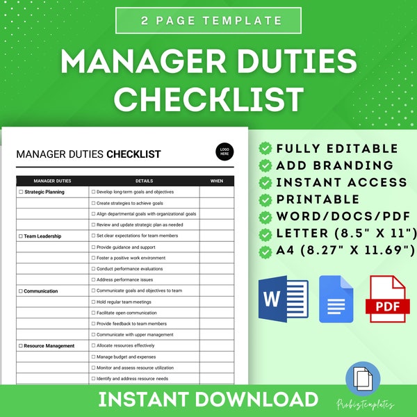 Manager Duties Checklist, Supervisor Duties Checklist, Manager Responsibilities Checklist, Manager Task Checklist, Manager Duties Tracker