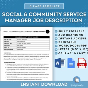 Peut inclure: Un modèle de description de poste de gestionnaire des services sociaux et communautaires bleu et blanc. Le modèle est entièrement modifiable, imprimable et comprend un accès instantané au téléchargement aux formats Word, PDF et Lettre. Le modèle est disponible en formats Lettre (8,5" x 11") et A4 (8,27" x 11,69").