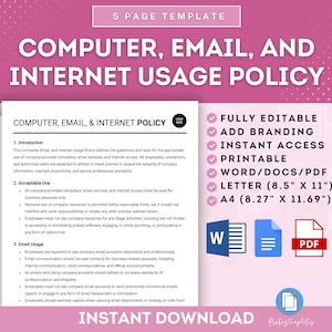 Op de afbeelding: Een roze en witte printbare sjabloon voor een computer-, e-mail- en internetgebruikbeleid. De sjabloon is volledig bewerkbaar en bevat brandingopties. De sjabloon is beschikbaar in Word, PDF en Letter-formaten. De tekst op de sjabloon luidt "Computer-, e-mail- en internetgebruikbeleid".