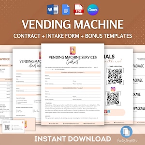 May include: A digital download of printable templates for a vending machine business. The templates include a contract, intake form, and bonus templates for package options, testimonials, and a leave a review QR code.