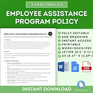 Può includere: Un modello di politica del programma di assistenza ai dipendenti stampabile in verde e bianco con un elenco di funzionalità, tra cui completamente modificabile, aggiungi branding, accesso immediato, stampabile, word/docs/pdf, lettera (8,5" x 11") e A4 (8,27" x 11,69").