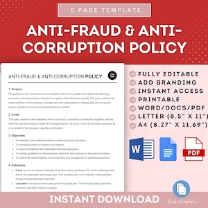 May include: A pink and white printable template for an anti-fraud and anti-corruption policy. The template is fully editable and includes branding options. The template is available in Word, PDF, Letter (8.5" x 11") and A4 (8.27" x 11.69") sizes.