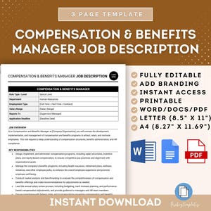May include: A printable job description template for a Compensation and Benefits Manager. The template is fully editable and includes a checklist of features, such as printable, instant access, and available in Word, PDF, and Letter sizes. The template is available for instant download.