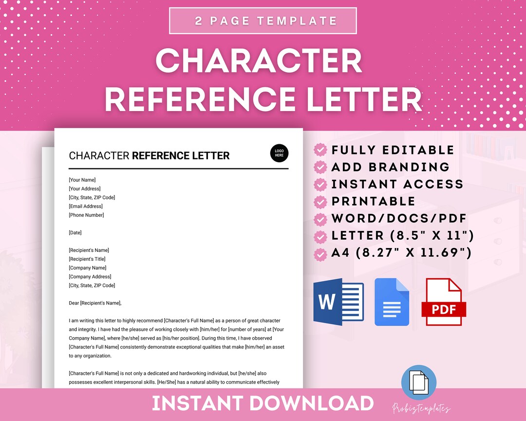 Character Reference Letter Template, Professional Character Reference ...