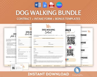 May include: A dog walking bundle with contract, intake form, and bonus templates. The documents are white with beige accents and feature a dog illustration. The text "DOG WALKING BUNDLE" is displayed prominently. Includes a business card template and QR codes.