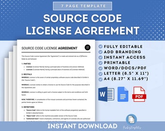 May include: A blue and white digital download template for a source code license agreement. The template is fully editable, printable, and available in Word, PDF, and Letter sizes. The text on the template reads "Source Code License Agreement".