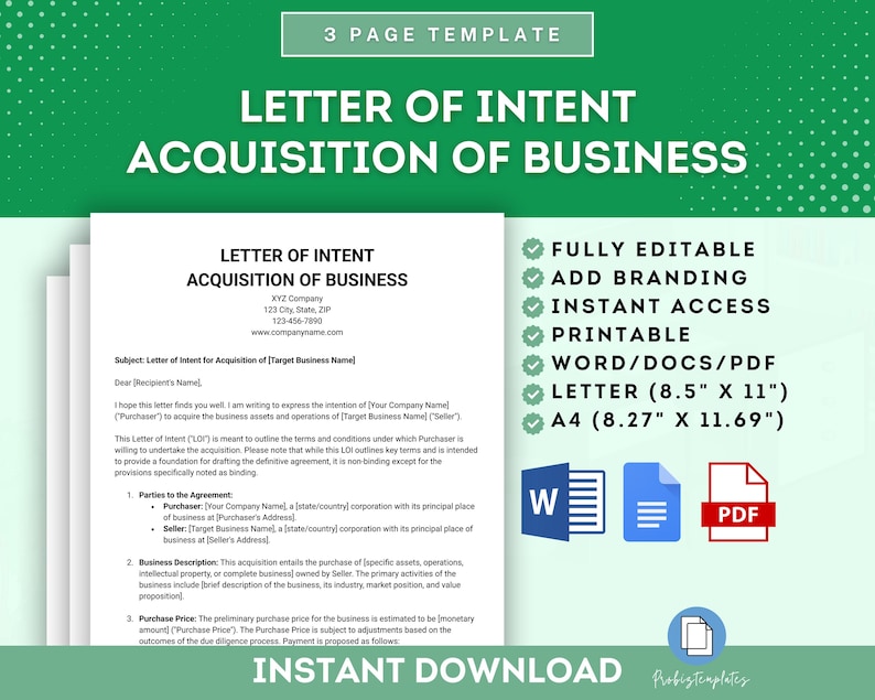 Letter of Intent Acquisition of Business Template, Business Acquisition ...