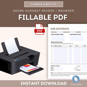 Puede incluir: Un formulario de presupuesto de trabajo imprimible en blanco y negro con campos para el nombre de su empresa, los datos del cliente, la descripci&oacute;n del trabajo, los m&eacute;todos de pago y el total adeudado. El formulario es compatible con Adobe Acrobat Reader y los navegadores web.