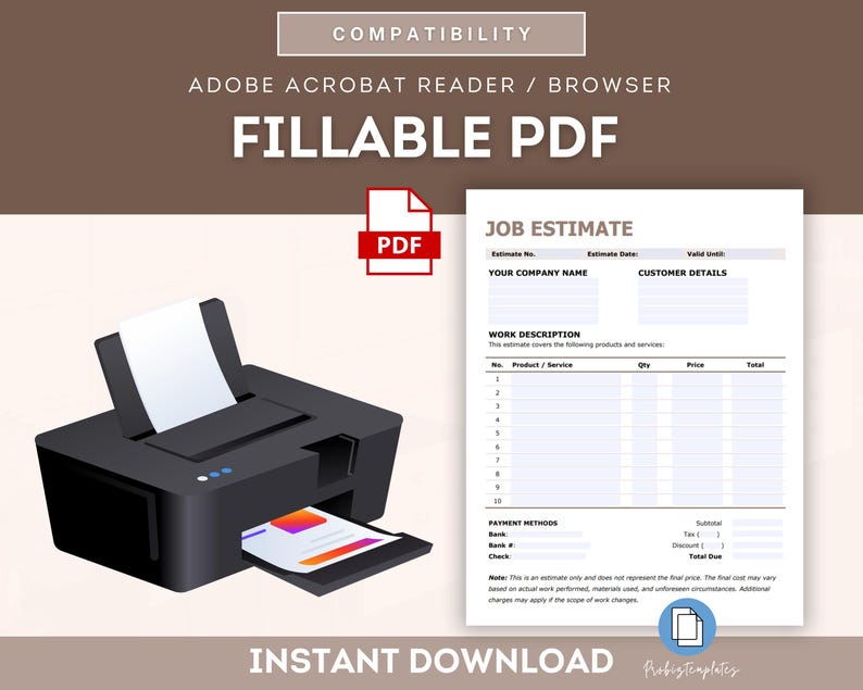 Puede incluir: Un formulario de presupuesto de trabajo imprimible en blanco y negro con campos para el nombre de su empresa, los datos del cliente, la descripci&oacute;n del trabajo, los m&eacute;todos de pago y el total adeudado. El formulario es compatible con Adobe Acrobat Reader y los navegadores web.