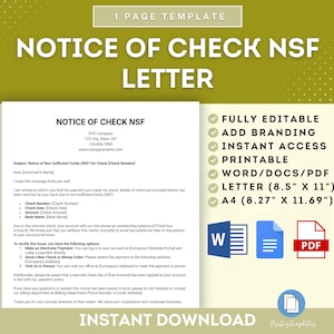 Aviso de carta de cheque NSF, aviso de cheque de fundos não suficientes, notificação de cheque devolvido, carta de alerta de cheque NSF, aviso de fundos insuficientes