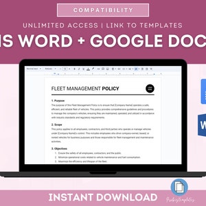 May include: A laptop computer screen displaying a Fleet Management Policy document in a Microsoft Word format. The document is titled "Fleet Management Policy" and includes sections for Purpose, Scope, and Objectives. The document is compatible with both Microsoft Word and Google Docs. The image also includes icons for Microsoft Word and Google Docs.