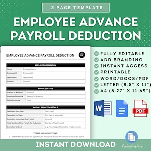 Employee Advance Payroll Deduction Agreement Template, Employee Payroll Advance Authorization Form, Wage Deduction Advance Agreement Form