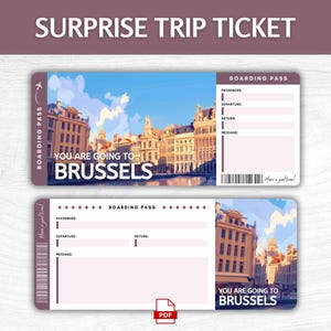 Billet cadeau surprise Bruxelles à imprimer, carte d'embarquement pour la Belgique modifiable, carte d'embarquement pour les vacances en Belgique, billet cadeau voyage à Bruxelles