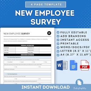 May include: A printable new employee survey template in a blue and white color scheme. The template is fully editable and includes sections for personal information, pre-onboarding experience, and first day experience. The template is available in Word, PDF, and Letter size.