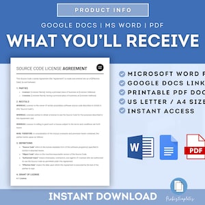 Puede incluir: Una lista de productos de descarga digital para un acuerdo de licencia de c&oacute;digo fuente. La lista incluye una vista previa del acuerdo, que es un documento legal que describe los t&eacute;rminos de uso del c&oacute;digo fuente del software. La lista tambi&eacute;n incluye iconos para los formatos de archivo Microsoft Word, Google Docs y PDF, lo que indica que el acuerdo est&aacute; disponible en estos formatos. El texto "Descarga instant&aacute;nea" tambi&eacute;n est&aacute; incluido, lo que indica que el producto est&aacute; disponible para descargar inmediatamente.