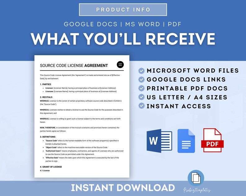 Puede incluir: Una lista de productos de descarga digital para un acuerdo de licencia de c&oacute;digo fuente. La lista incluye una vista previa del acuerdo, que es un documento legal que describe los t&eacute;rminos de uso del c&oacute;digo fuente del software. La lista tambi&eacute;n incluye iconos para los formatos de archivo Microsoft Word, Google Docs y PDF, lo que indica que el acuerdo est&aacute; disponible en estos formatos. El texto "Descarga instant&aacute;nea" tambi&eacute;n est&aacute; incluido, lo que indica que el producto est&aacute; disponible para descargar inmediatamente.
