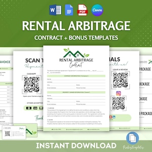 May include: A digital download package for rental arbitrage businesses. The package includes a contract, invoice, and other templates. The templates are in a green and white color scheme with a stylized house logo.