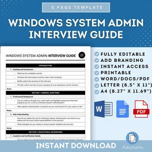 Op de afbeelding: Een wit document getiteld "WINDOWS SYSTEM ADMIN INTERVIEW GUIDE" met een blauwe kop. Het document bevat secties over interviewvragen en educatieve achtergrond. Kenmerken zijn volledig bewerkbaar, directe toegang en afdrukbare formaten in Word/Docs/PDF.