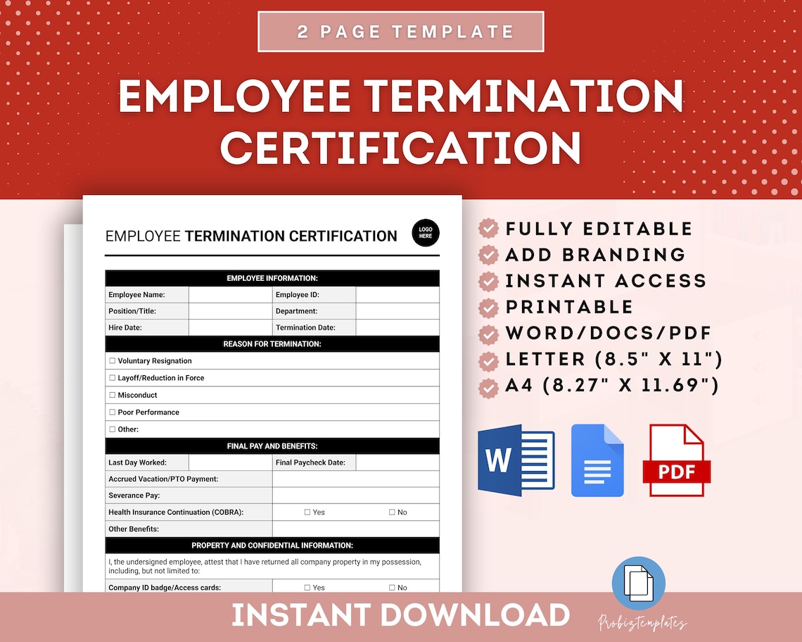 Employee Termination Certification Template, Termination Confirmation ...