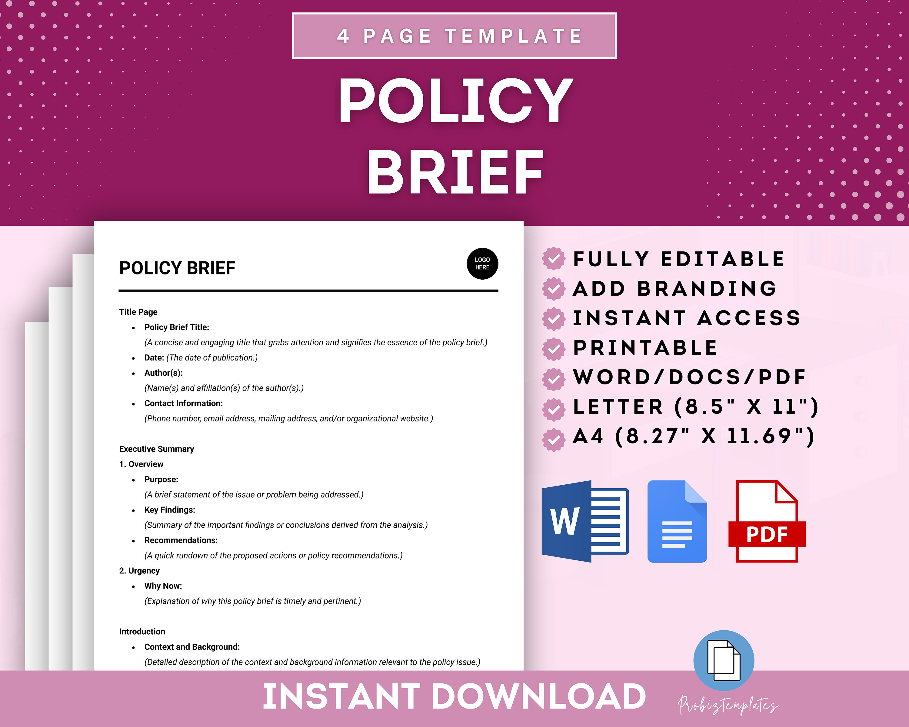 Short Policy Package Example Policy Brief Template, Policy Summary, Policy Overview, Company Policy ...