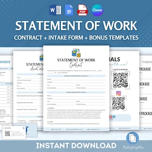 May include: A digital download of a statement of work template with a blue and white color scheme. The template includes a contract, intake form, and bonus templates. The text "STATEMENT OF WORK" is in a large, bold font at the top of the page.