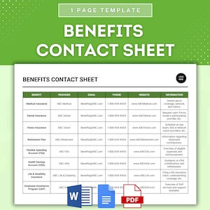 Benefits Contact Information Sheet Template, Employee Benefits Directory, Staff Benefits Contact List, Benefits Provider Contact Sheet