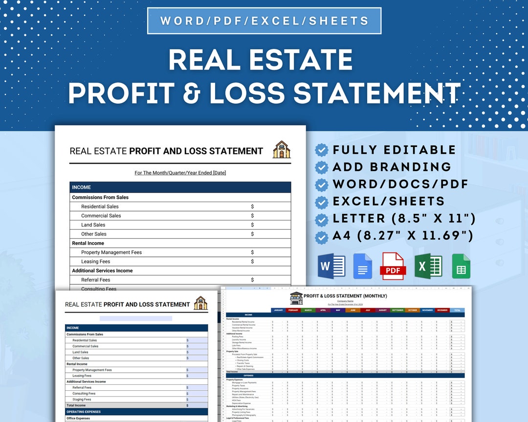 Real Estate Profit & Loss Statement Template, Real Estate Agent