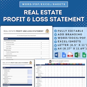 May include: A printable real estate profit and loss statement template in Word, PDF, and Excel formats. The template includes sections for income, expenses, and net profit. It is fully editable and can be customized with your own branding.