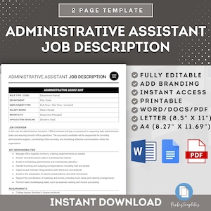 May include: A black and white printable job description template for an Administrative Assistant position. The template includes sections for role type, department, employment type, salary range, reports to, application deadline, job overview, key responsibilities, and requirements. The template is fully editable, includes branding, and is available for instant download in Word, PDF, and Letter size.