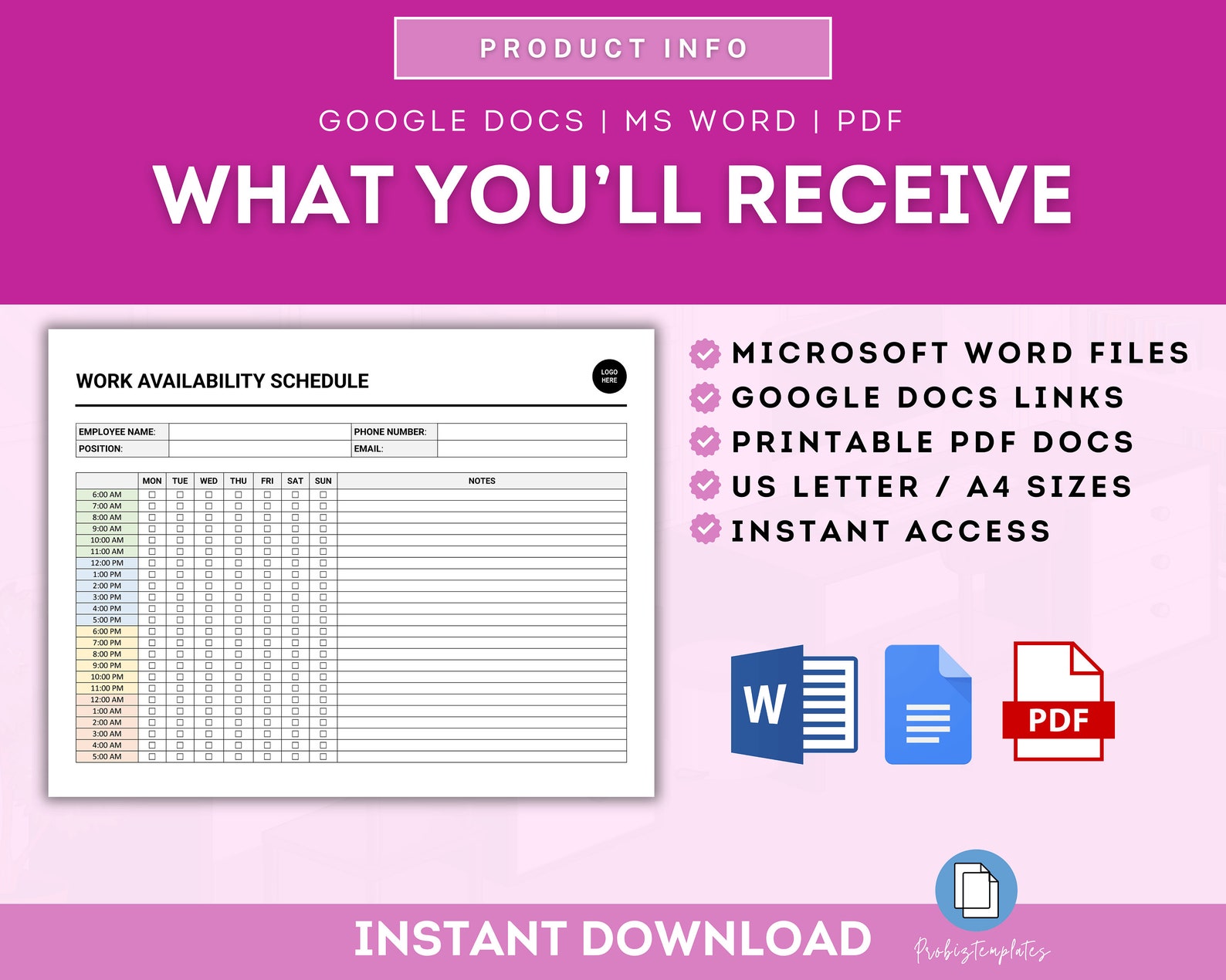 Work Availability Schedule Sheet, Work Availability Tracker, Shift ...