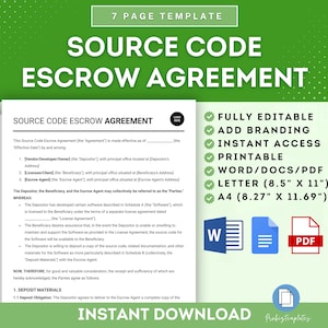 May include: A 7-page template for a source code escrow agreement. The document is fully editable, printable, and available in Word, PDF, Letter, and A4 sizes. The document includes the text "Source Code Escrow Agreement" and "Instant Download".