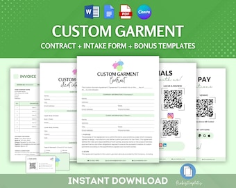 Op de afbeelding: Een set afdrukbare documenten voor een bedrijf dat kleding op maat maakt. De documenten omvatten een contract, een factuur, een klantintakeformulier en betalingsopties. De documenten zijn in een groen-wit kleurenschema met een schattige cartoonhanger-afbeelding.