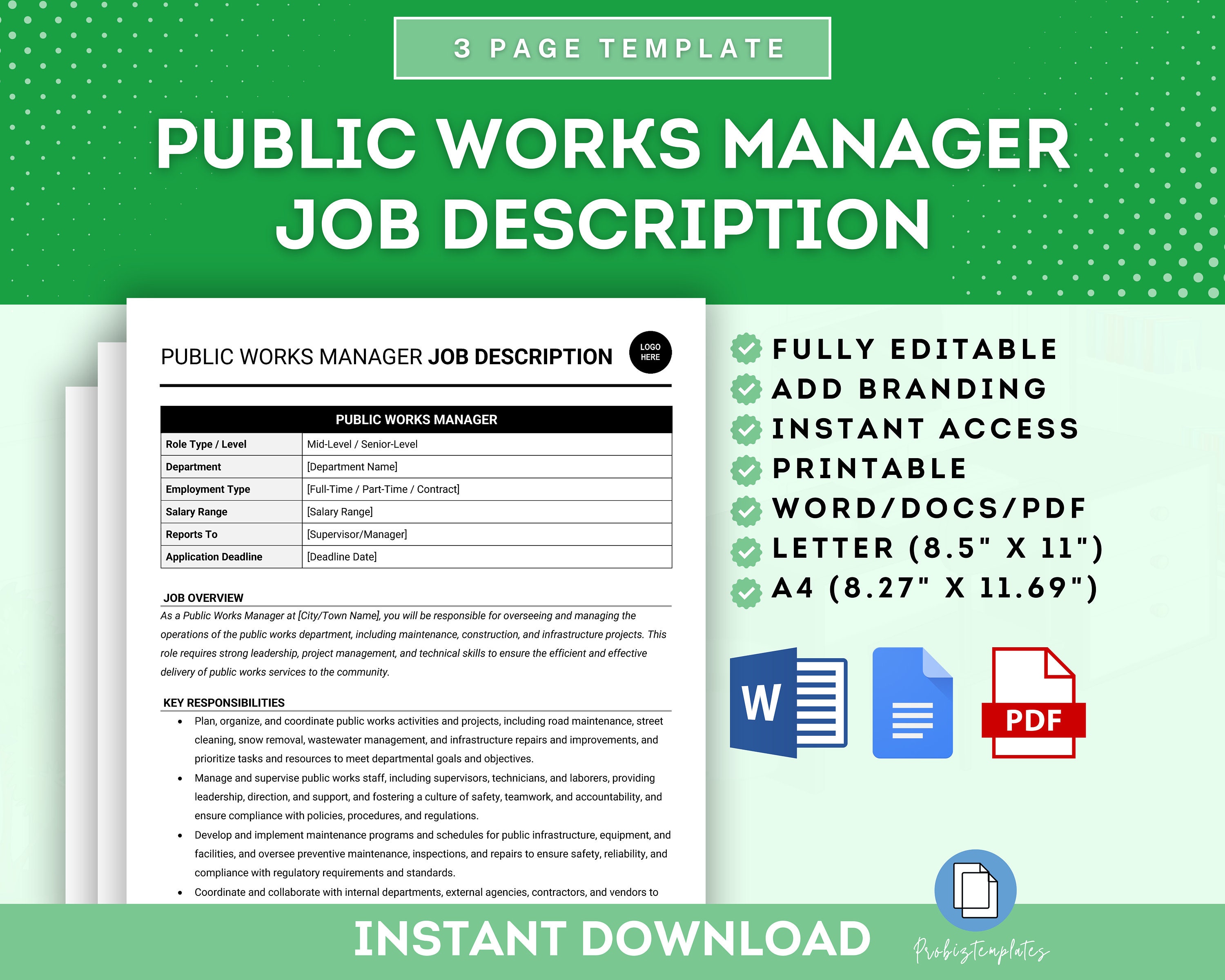 Public Works Manager Job Description Template, Public Works Director Job Description, Municipal Works Manager Job Description Template