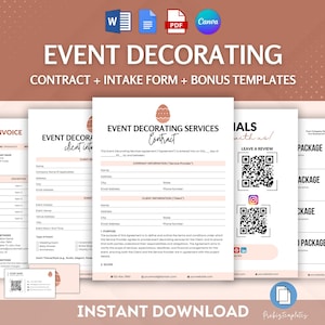 May include: A set of printable templates for event decorating services. The templates include a contract, client intake form, invoice, and package options. The templates are designed in a pink and white color scheme with a decorative egg graphic.
